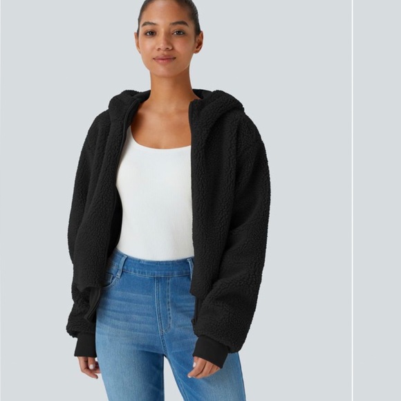 Halara- Hooded Long Sleeve Ribbed Relaxed Casual Sherpa Jacket - Picture 3 of 6